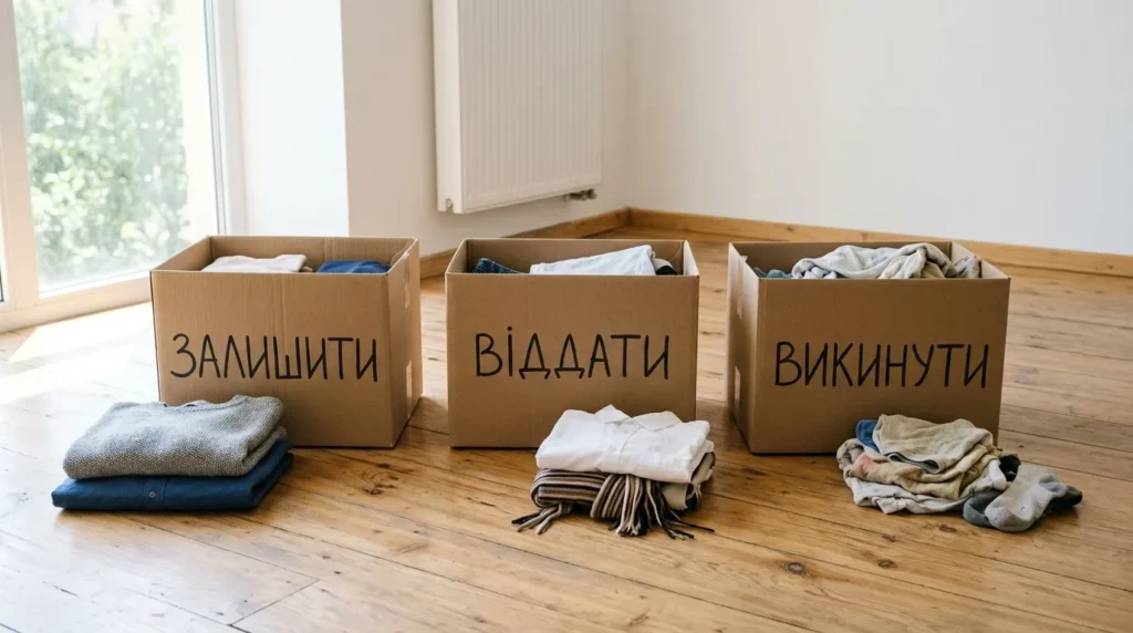 Три підписані коробки для сортування одягу: залишити, віддати, викинути