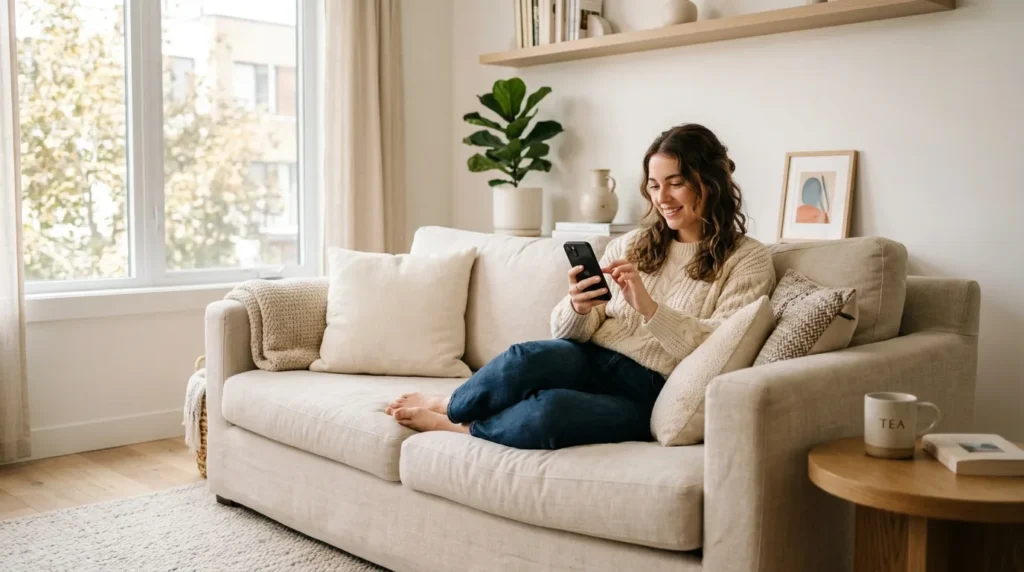 Дівчина переглядає модні образи в Pinterest на смартфоні для пошуку натхнення.