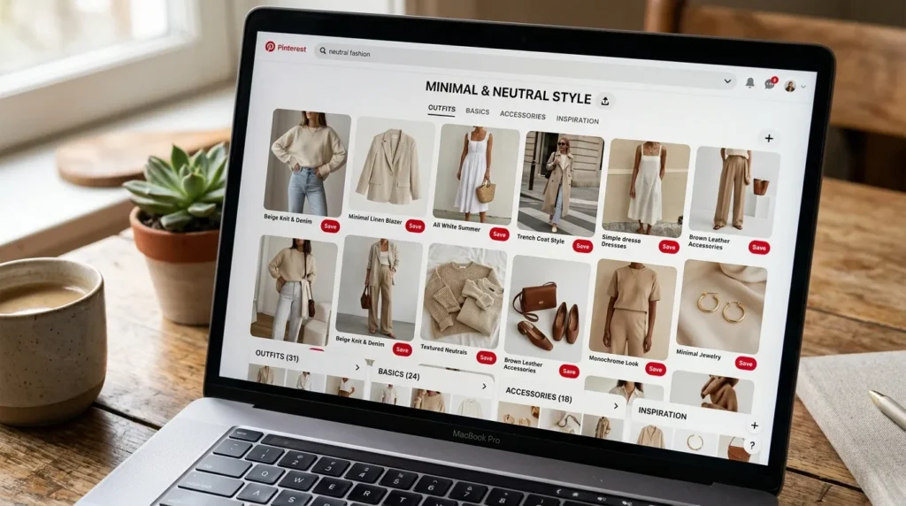 Дошка Pinterest з організованими пінами модних образів у нейтральних тонах