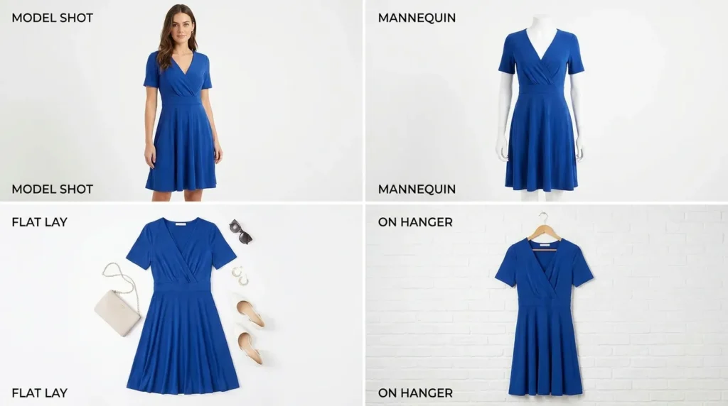 Порівняння способів фотографування одягу для продажу: модель, манекен, flat lay, вішалка
