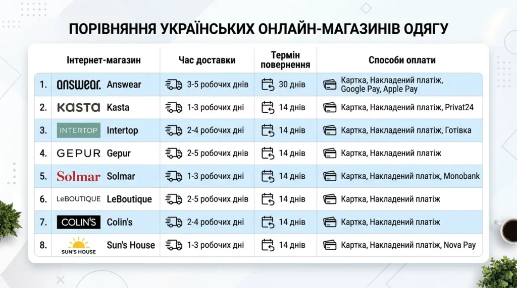Таблиця порівняння онлайн-магазинів одягу України 2026 — доставка, повернення, оплата