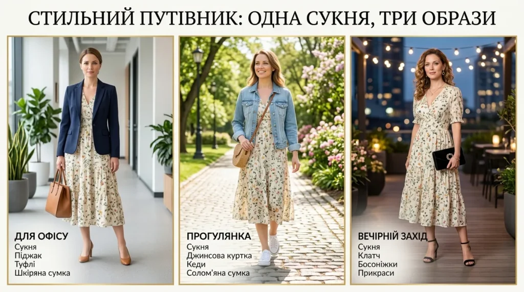 Три варіанти образу з квітковою сукнею на різні випадки