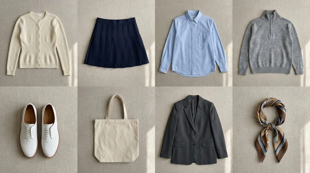 Список базових речей стилю preppy 2026 для жінок на фото flatlay