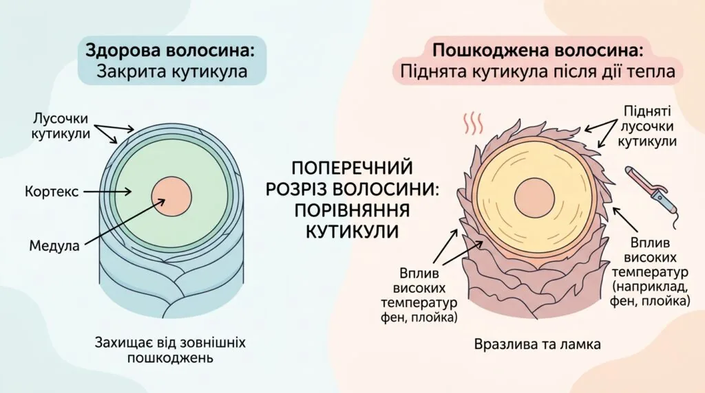Схема волосини з закритою та розкритою кутикулою після впливу високої температури