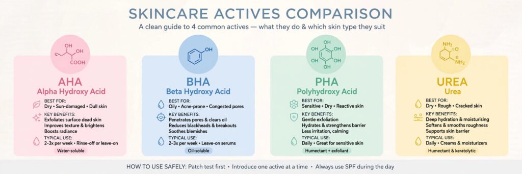 Інфографіка порівняння кислот AHA, BHA, PHA та сечовини для шкіри тіла з гусячою шкірою